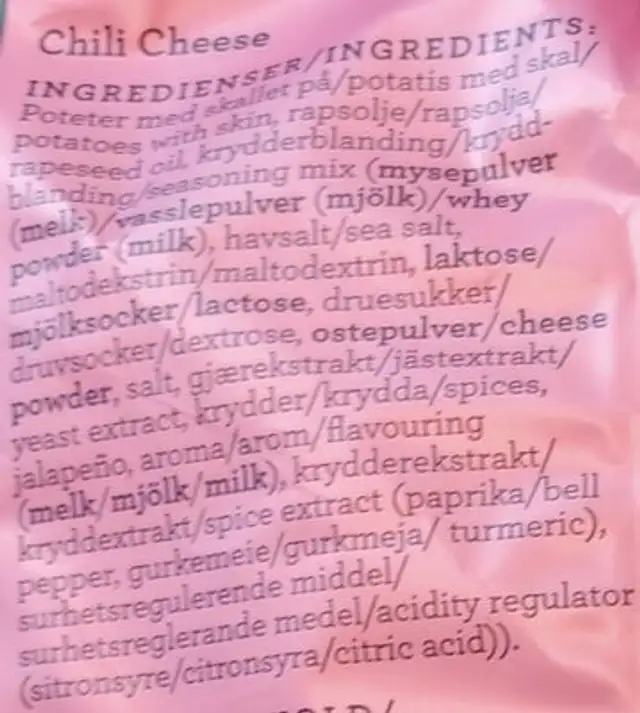 Chili Cheese ingredients label