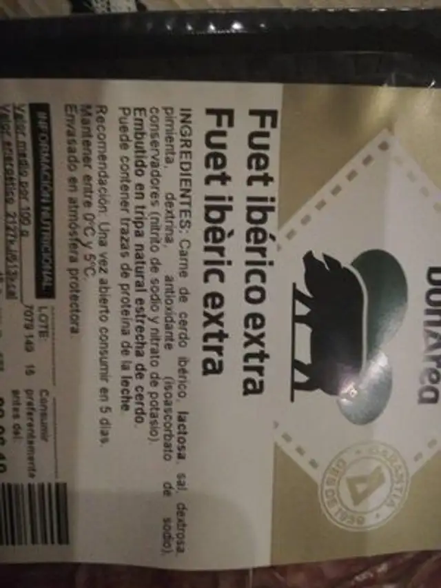 Fuet ingredients label