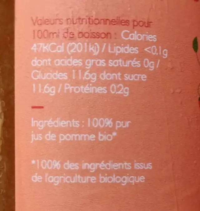 Jus de pomme bio ingredients label