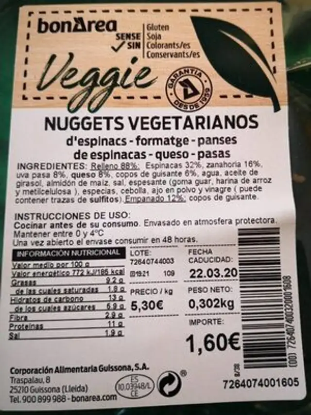 Nuggets vegetarianos nutrition facts table