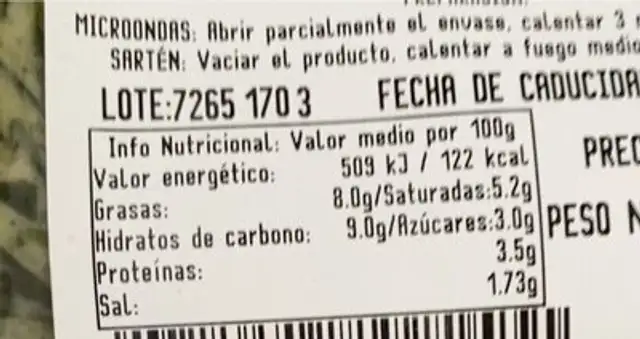 Espinacas a la crema nutrition facts table