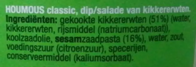 Houmous classic ingredients label