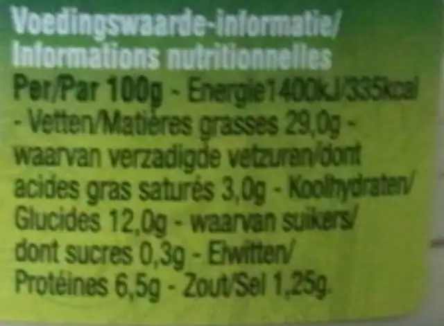 Houmous classic nutrition facts table