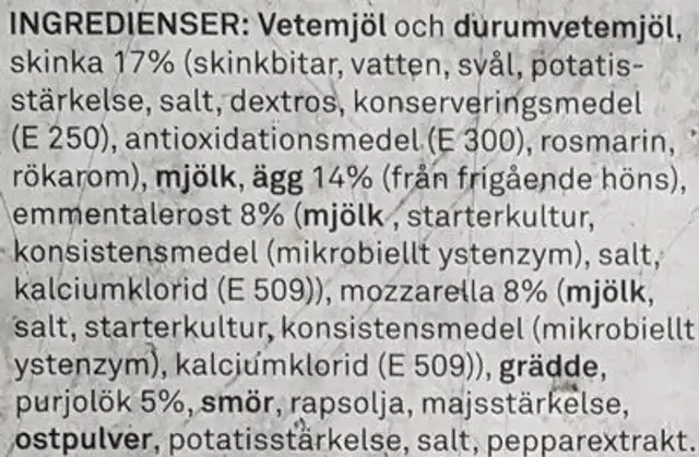 Matpaj med ost & skinka ingredients label