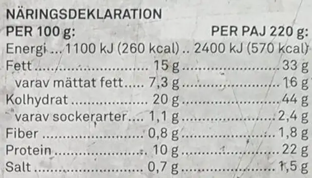 Matpaj med ost & skinka nutrition facts table