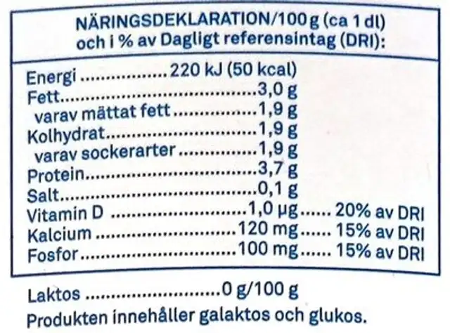 Laktosfri Filmjölk nutrition facts table