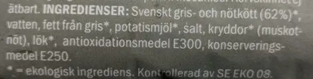 Svensk Falukorv Ekologisk ingredients label