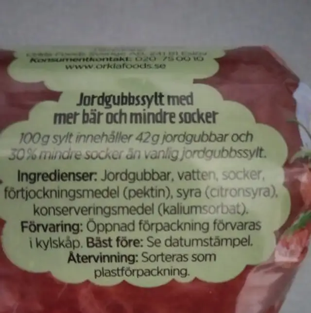 Jordgubbs Sylt Lättsockrad Refill ingredients label