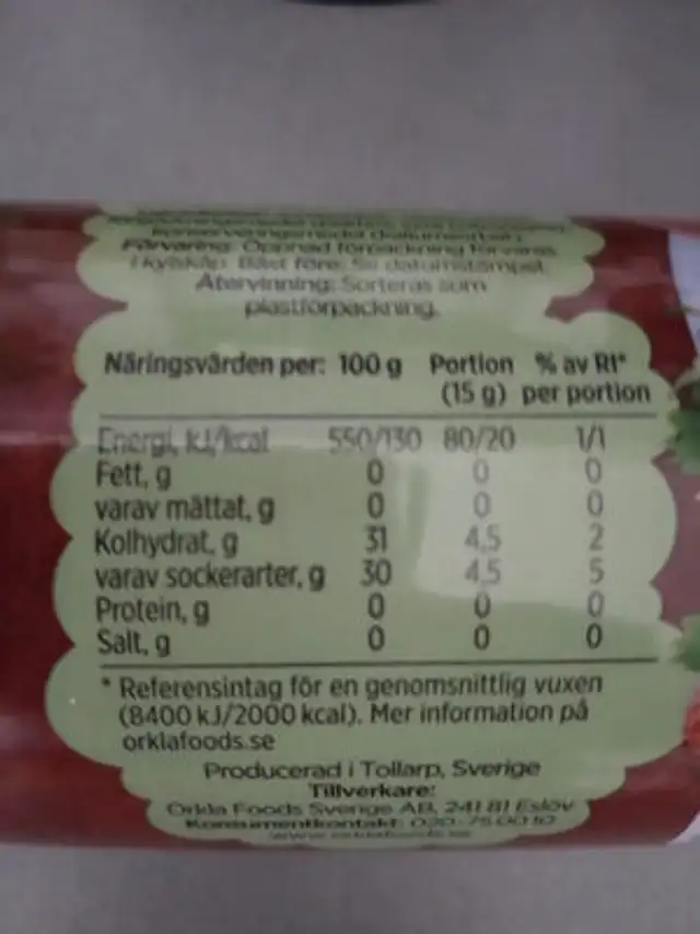 Jordgubbs Sylt Lättsockrad Refill nutrition facts table