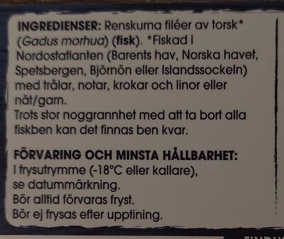 Fina filéer av Torskfilé ingredients label