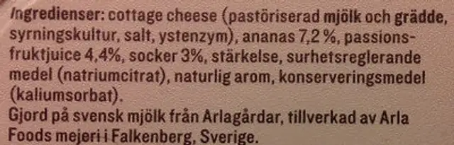 KESO Cottage Cheese Frukt Ananas & Passionsfrukt ingredients label