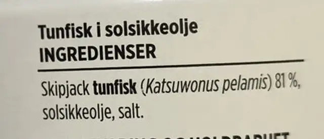 Tunfisk i Olje 185g Eldorado ingredients label