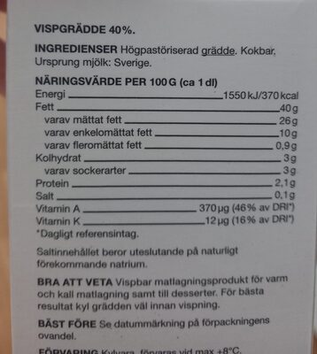 Vispgrädde ingredients label