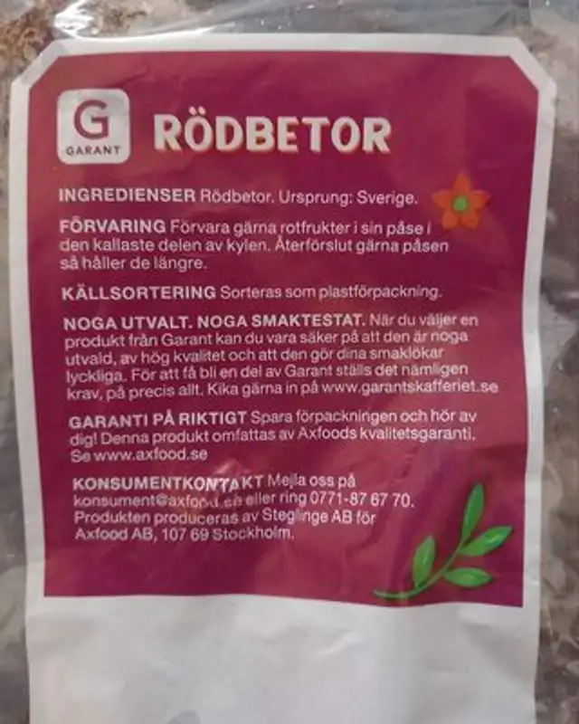 Rödbetor ingredients label