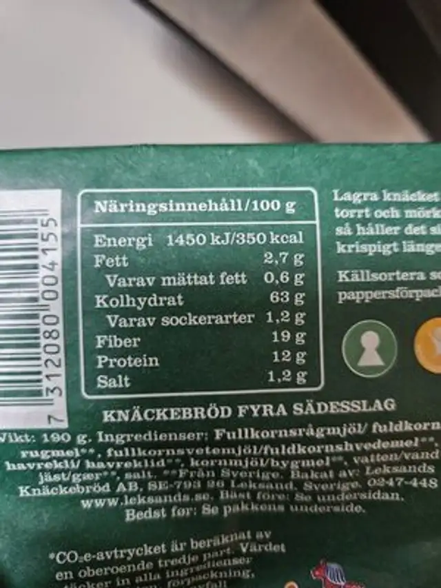 Leksands GRØN Fuldkornsknækbrød nutrition facts table