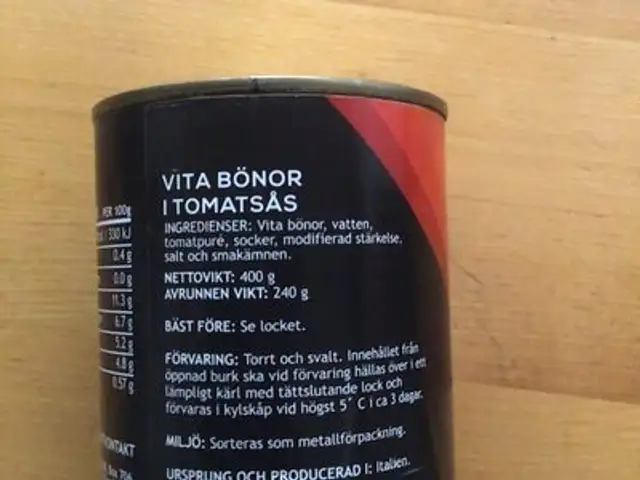 Vita bönor i tomatsås ingredients label