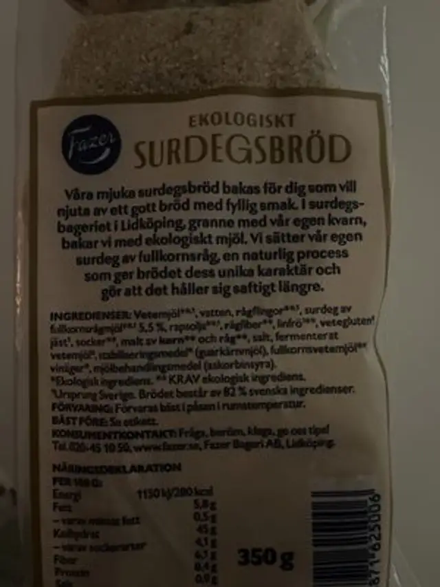 Sourdough bread ingredients label