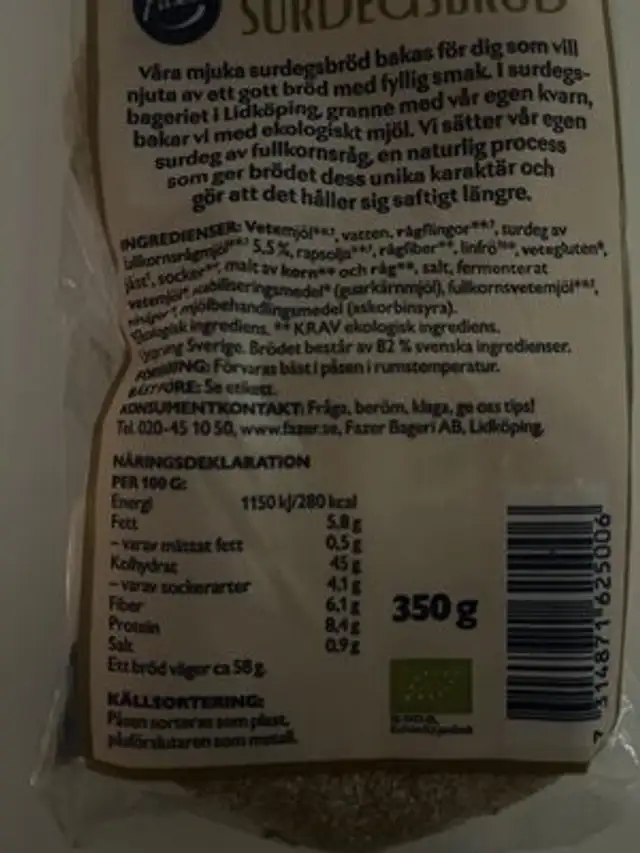 Sourdough bread nutrition facts table