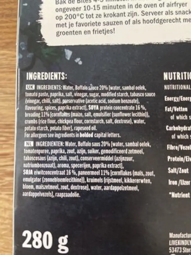 Crispy Buffalo Bites ingredients label