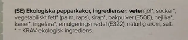Ekologiska pepparkakor ingredients label