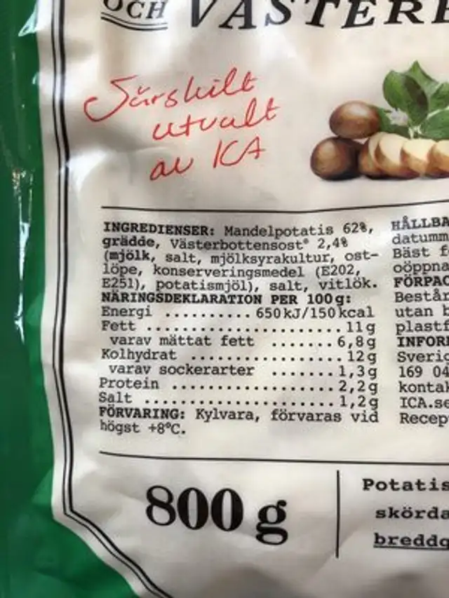 Potatisgratäng ICA Selection ingredients label