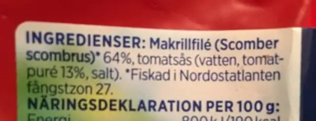 ICA Makrillfilé i tomatsås ingredients label