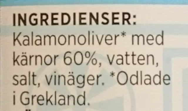 Kalamonoliver ingredients label