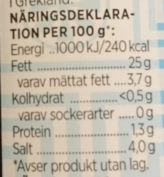 Kalamonoliver nutrition facts table