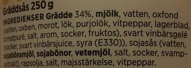 ICA-kökets Gräddsås ingredients label