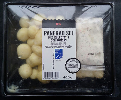 ICA Panerad Sej med kulpotatis och romsås front packaging