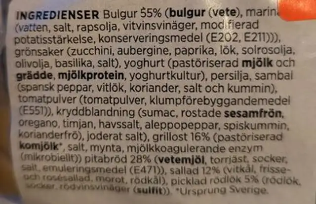 Grillost Norrländsk ingredients label