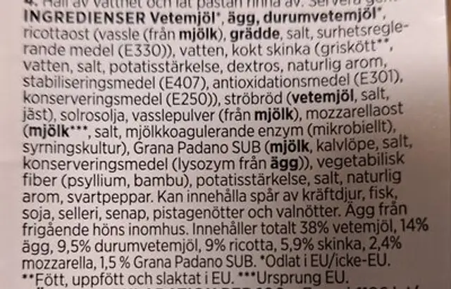 Tortellini Ost och skinka ingredients label