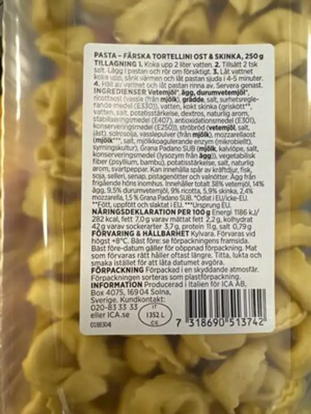 Tortellini Ost och skinka nutrition facts table
