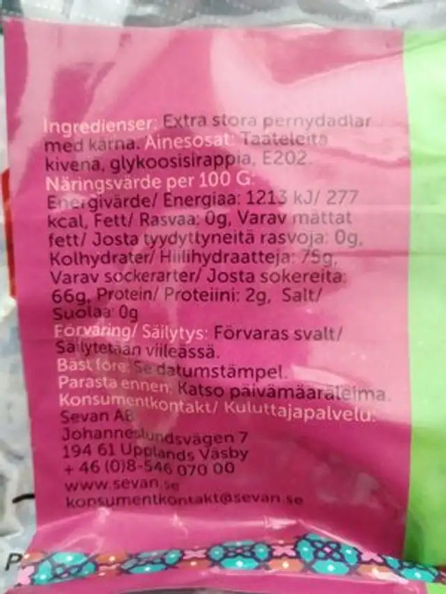 Dadlar nutrition facts table