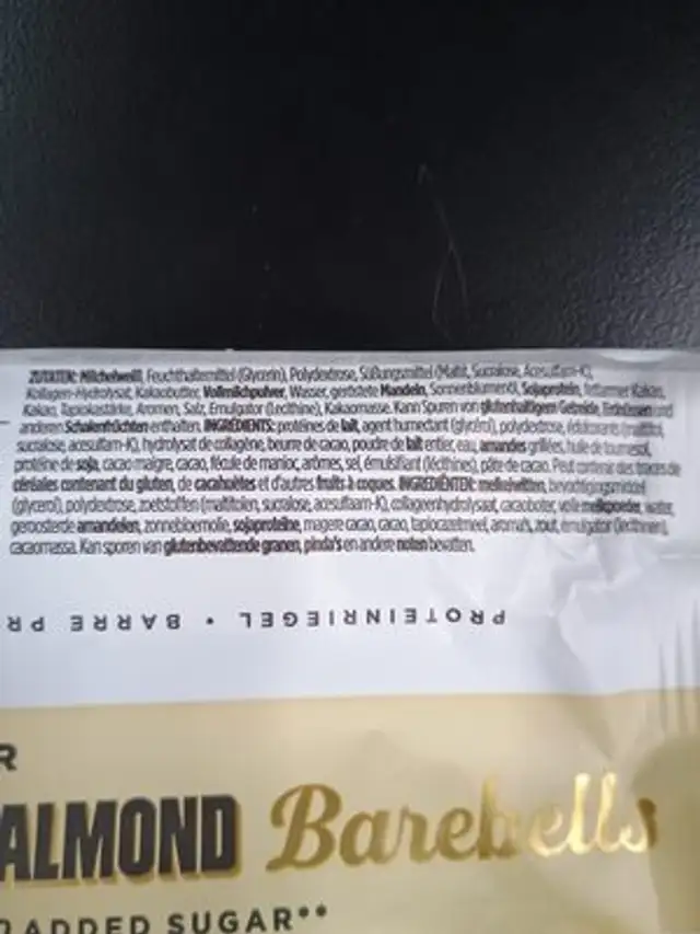 White Chocolate Almond Protein Bar ingredients label