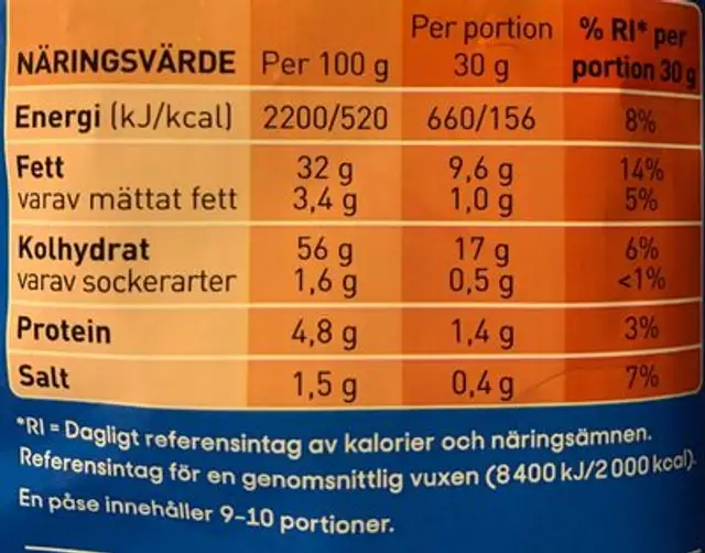 sourcream & onion chili tingle nutrition facts table