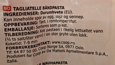 Pasta Tagliatelle ingredients label