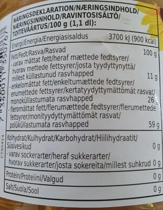 Coop Solsikkeolje 1l nutrition facts table