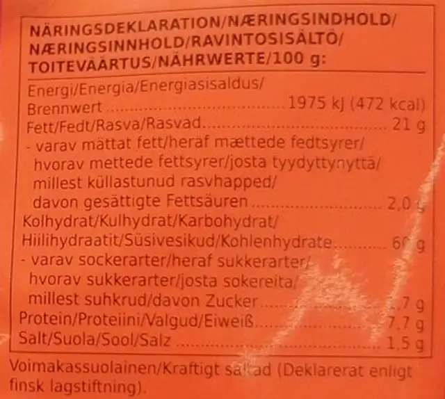 Tortilla Chili Chips nutrition facts table