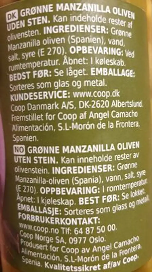 Manzanillaoliven ingredients label