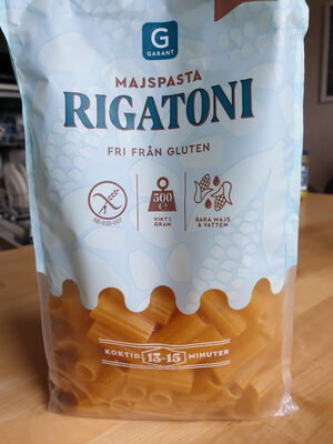 Rigatoni majspasta front packaging