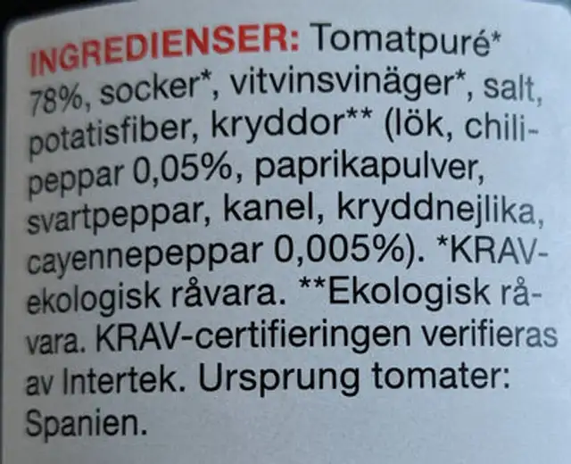 Ekologisk Chilisås Original ingredients label