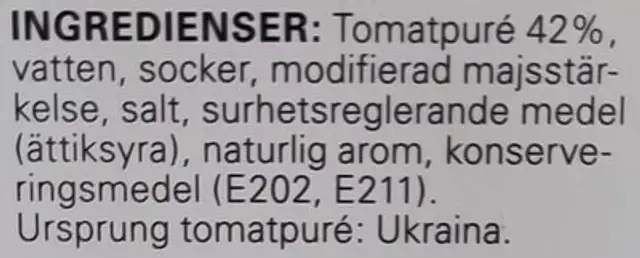 Tomatketchup ingredients label