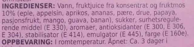 Tropical Drikk med tropisk smak ingredients label