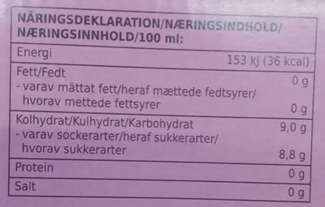 Tropical Drikk med tropisk smak nutrition facts table
