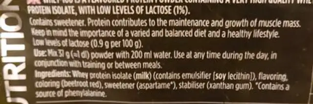 WHEY-100 ingredients label