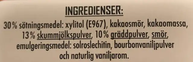 Mjölkchoklad ingredients label