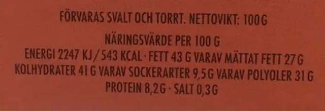 Mjölkchoklad nutrition facts table