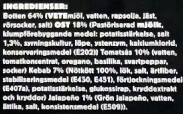 Kebab ingredients label