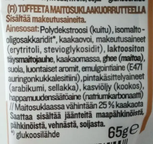 Toffee caramel ingredients label